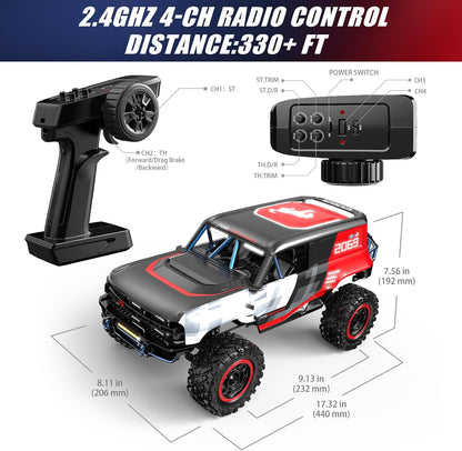 2.4GHz 4-Ch Radio Control 1/12 scale Ford Bronco RC rock crawler with remote control, specifications, and measurements