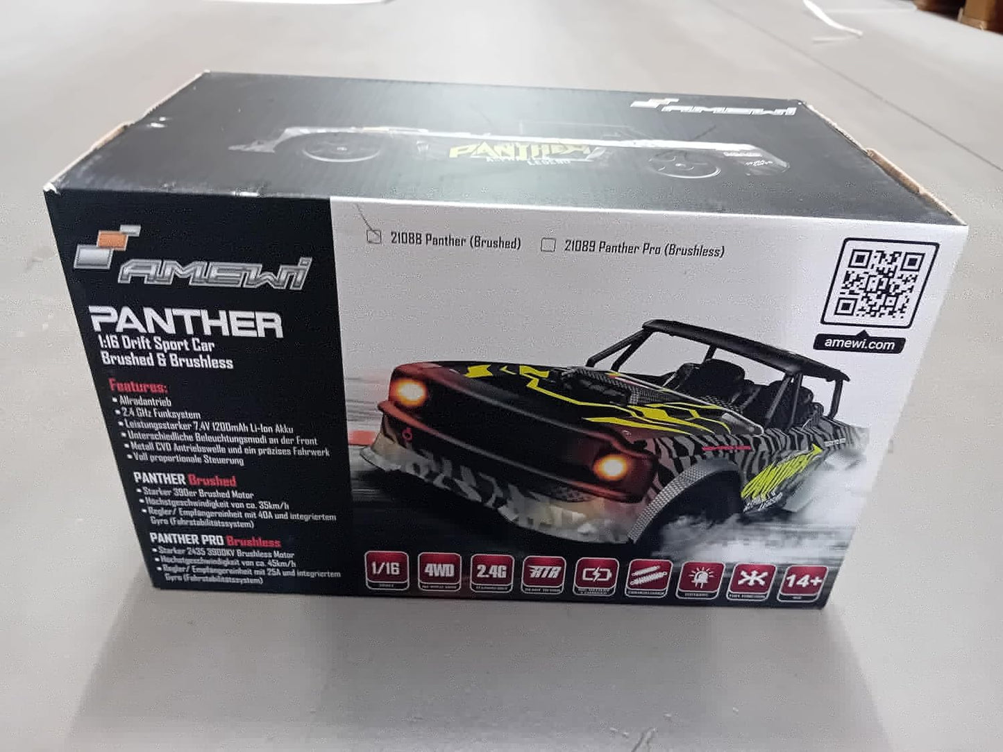 Amewi 21088 1/16 2WD Ready-to-Run RC Drift Car Black Panther with LED Lights
