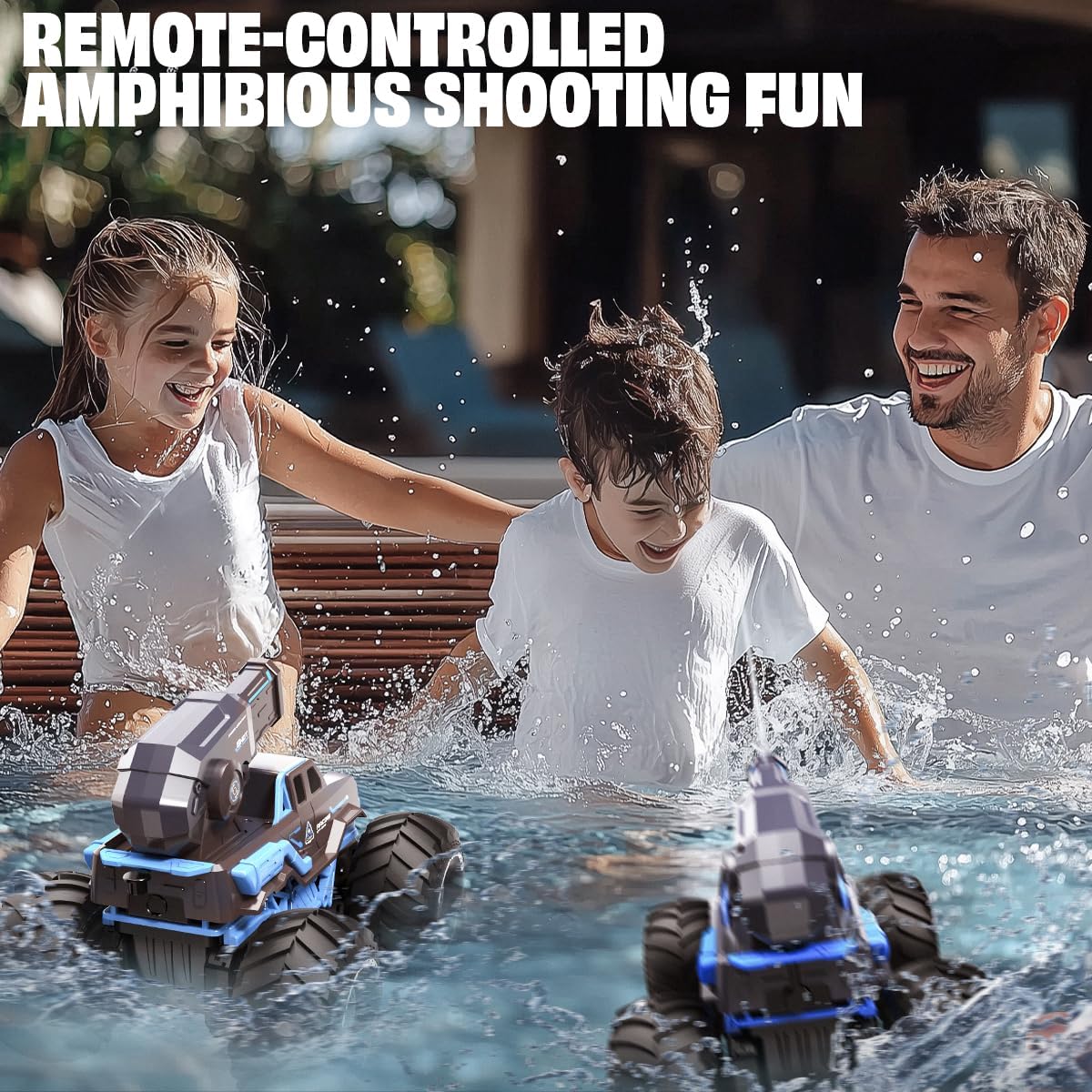 Family playing with BEZGAR amphibious RC monster kid's truck in a pool