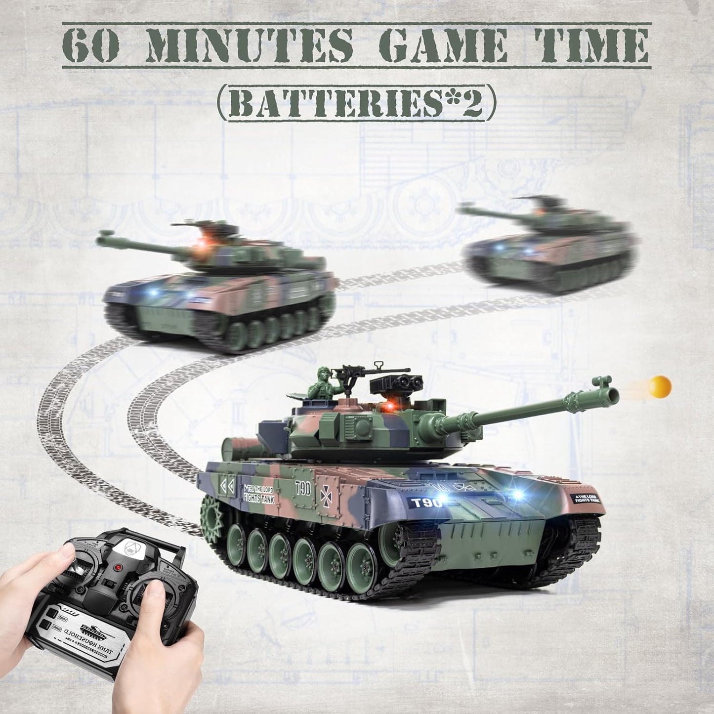 1/18 Scale T-90 4WD RC Battle Tank Ready-to-Run with BB Launcher, Smoke, Sound and Lights