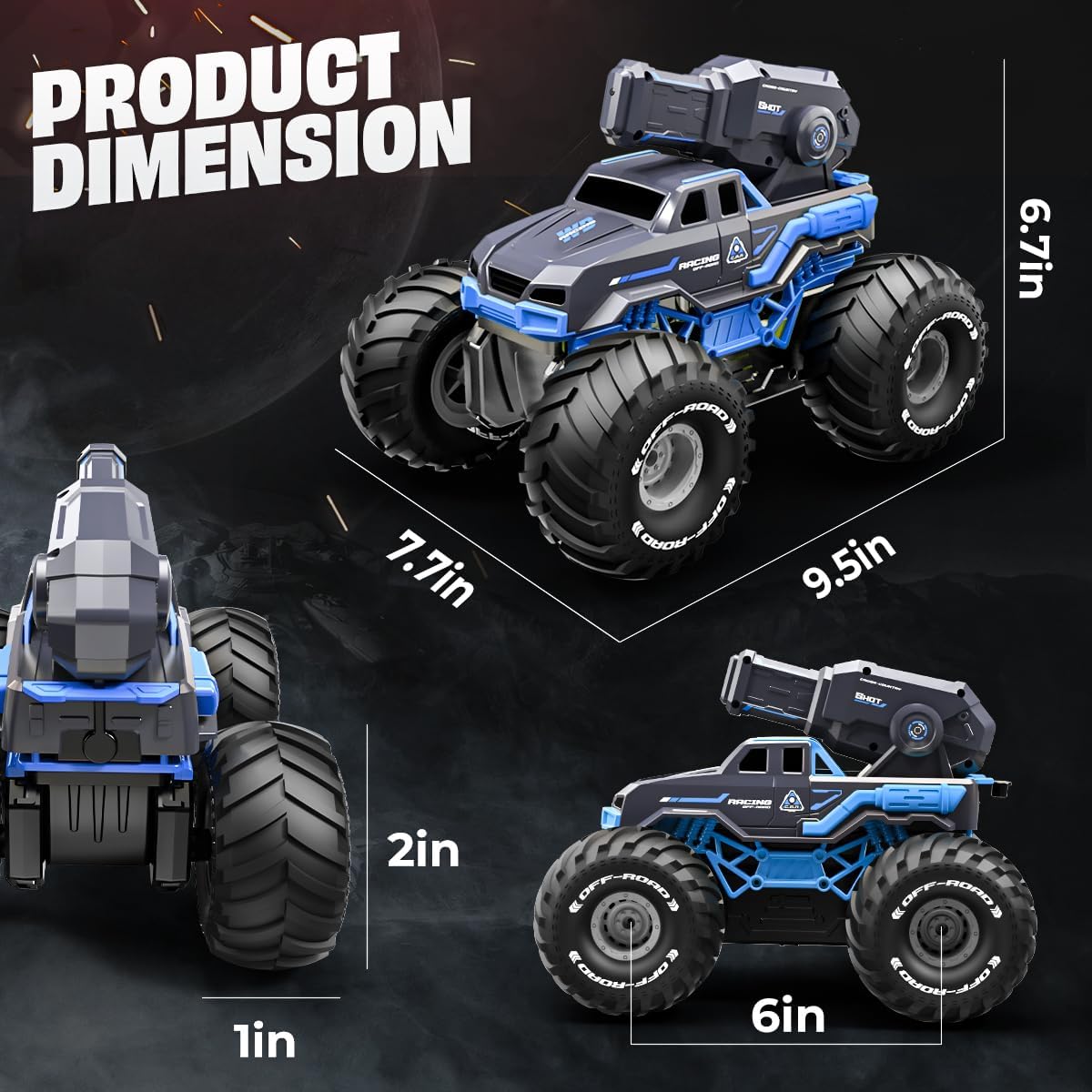 Waterproof amphibious RC truck LED lights with dimensions indicated