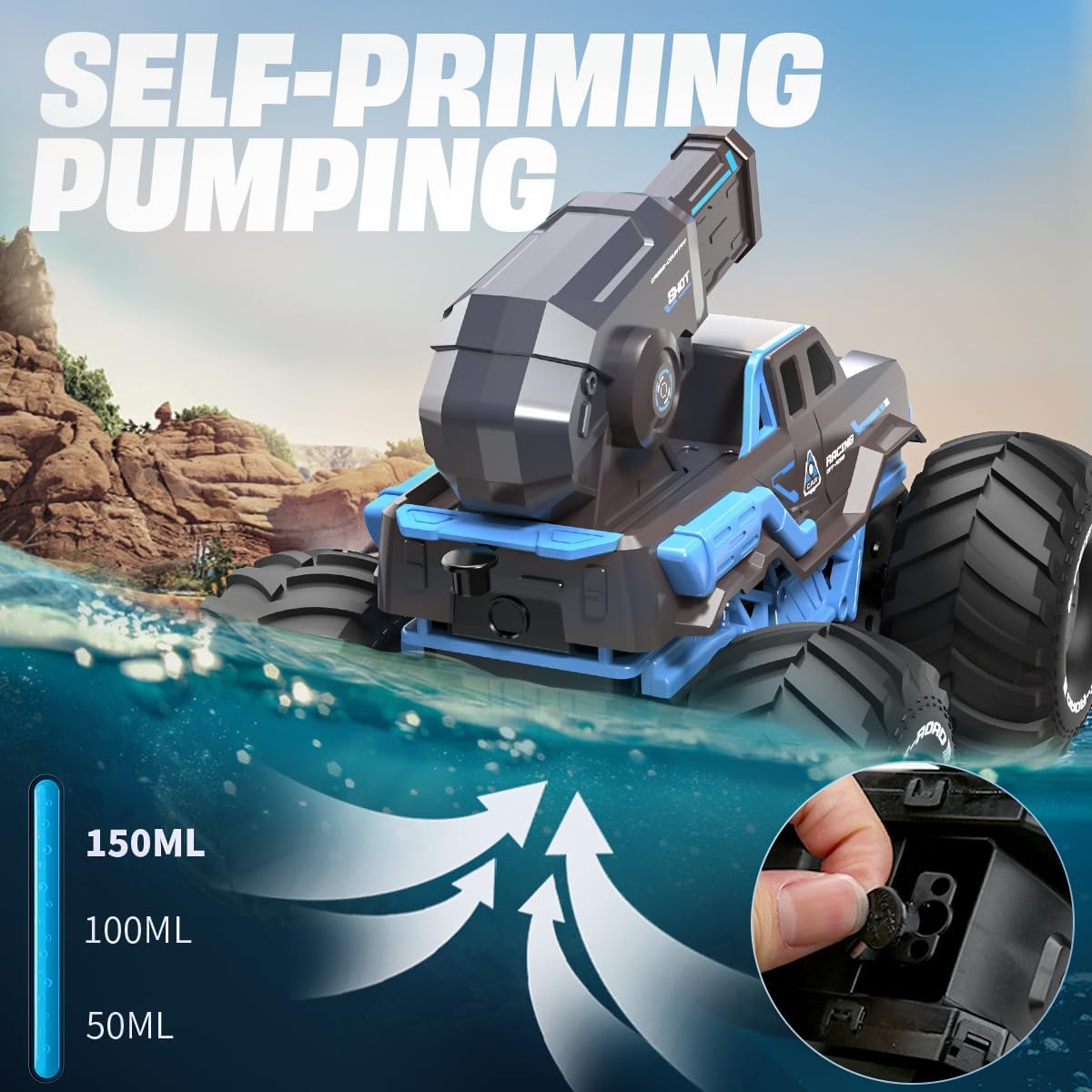 1/16 4WD Ready-to-Run amphibious RC monster truck with robotic water pump with self-priming feature