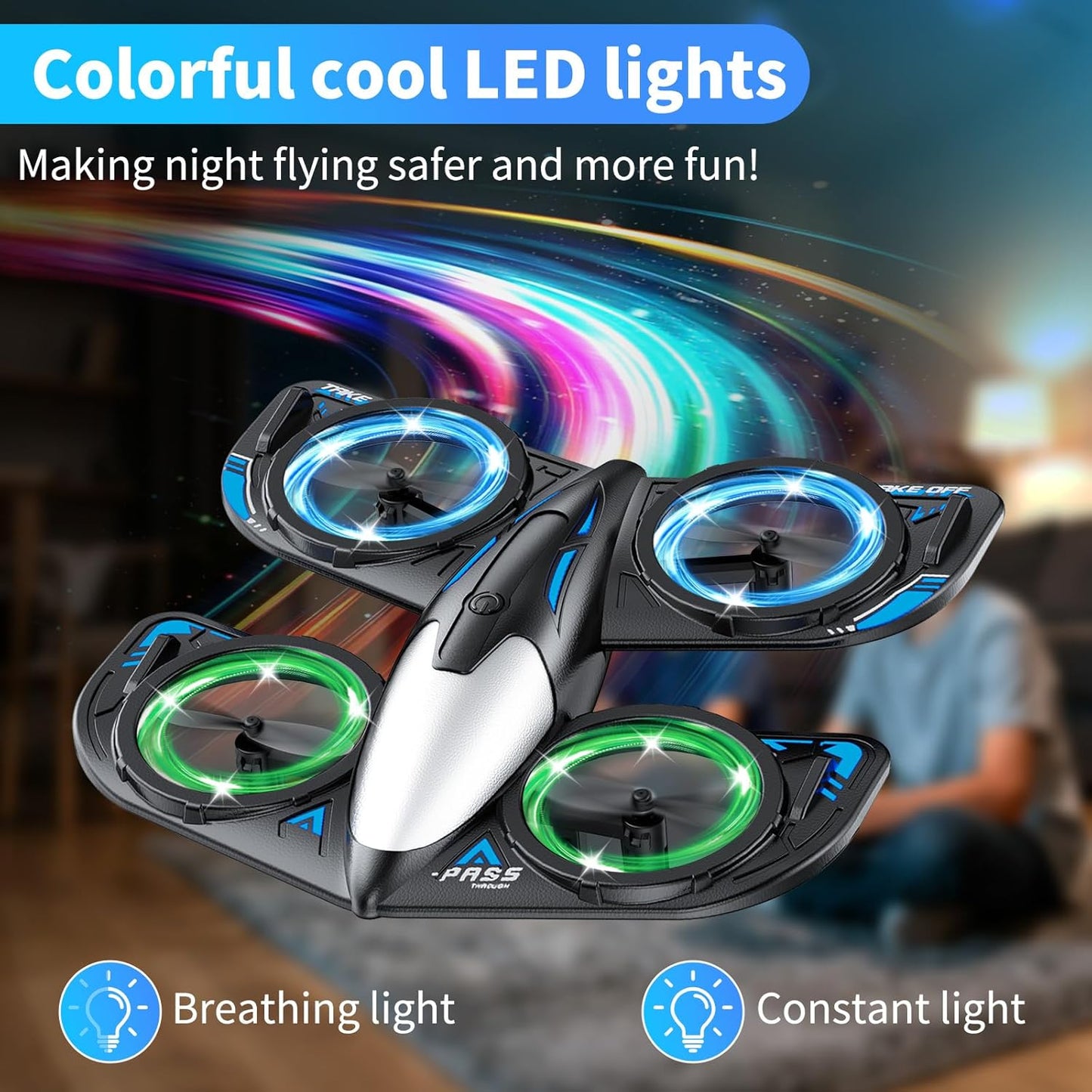 Beginner-friendly quadcopter drone with colorful LED lights