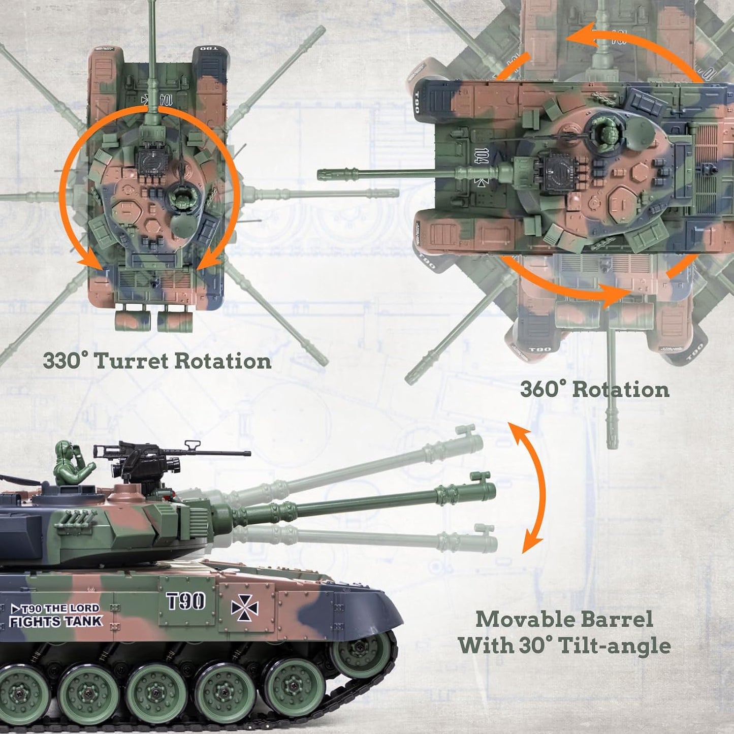 1/18 Scale T-90 4WD RC Battle Tank Ready-to-Run with BB Launcher, Smoke, Sound and Lights