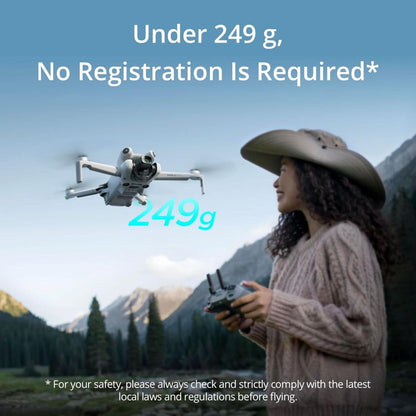 DJI Mini 4 Pro Fly More Combo 4K HDR drone - woman operating a drone with mountains in the background, weight under 249 g, ultralight design