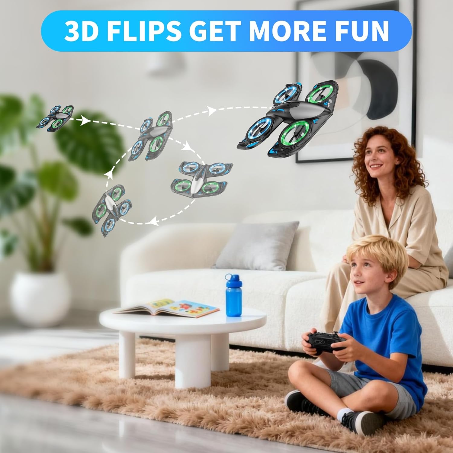 A woman and child playing with a toy Elinoover kids drone with a remote controller in a living room.