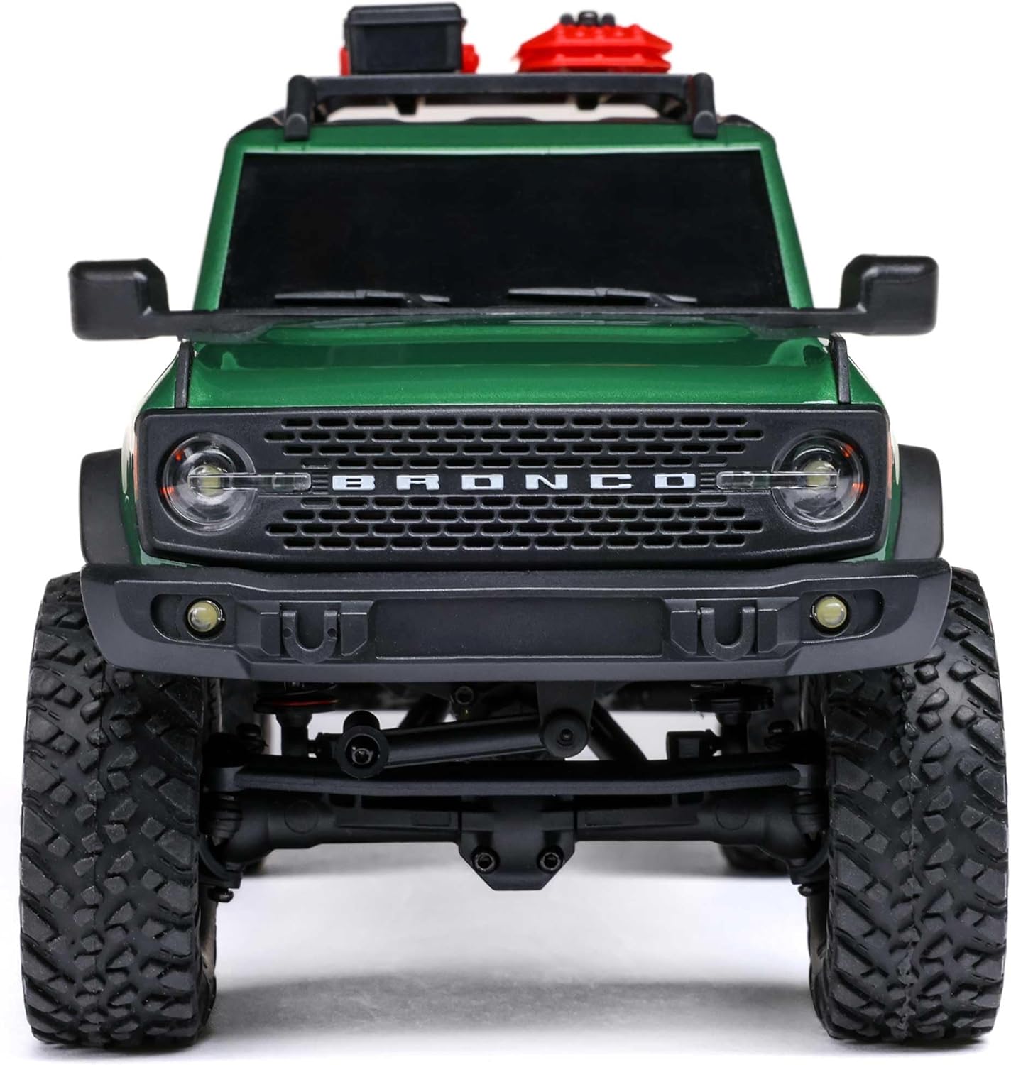 Front view of Axial SCX24 Ford Bronco mini ready-to-run rock crawler highlighting grille and bumper