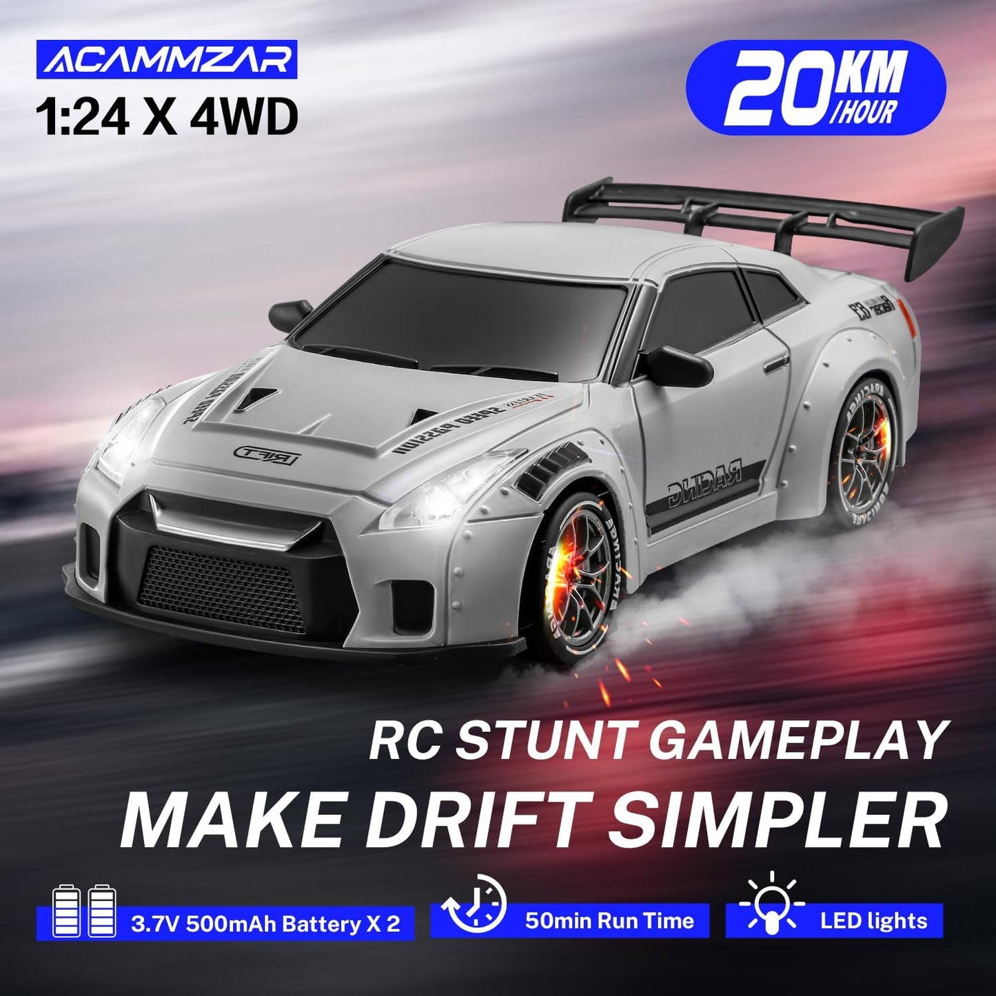 ACAMMZAR 1/24 Nissan GT-R inspired RC drift car, sliding on road, LED lights lit with branding and specifications