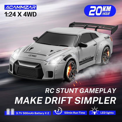 ACAMMZAR 1/24 Nissan GT-R inspired RC drift car, sliding on road, LED lights lit with branding and specifications