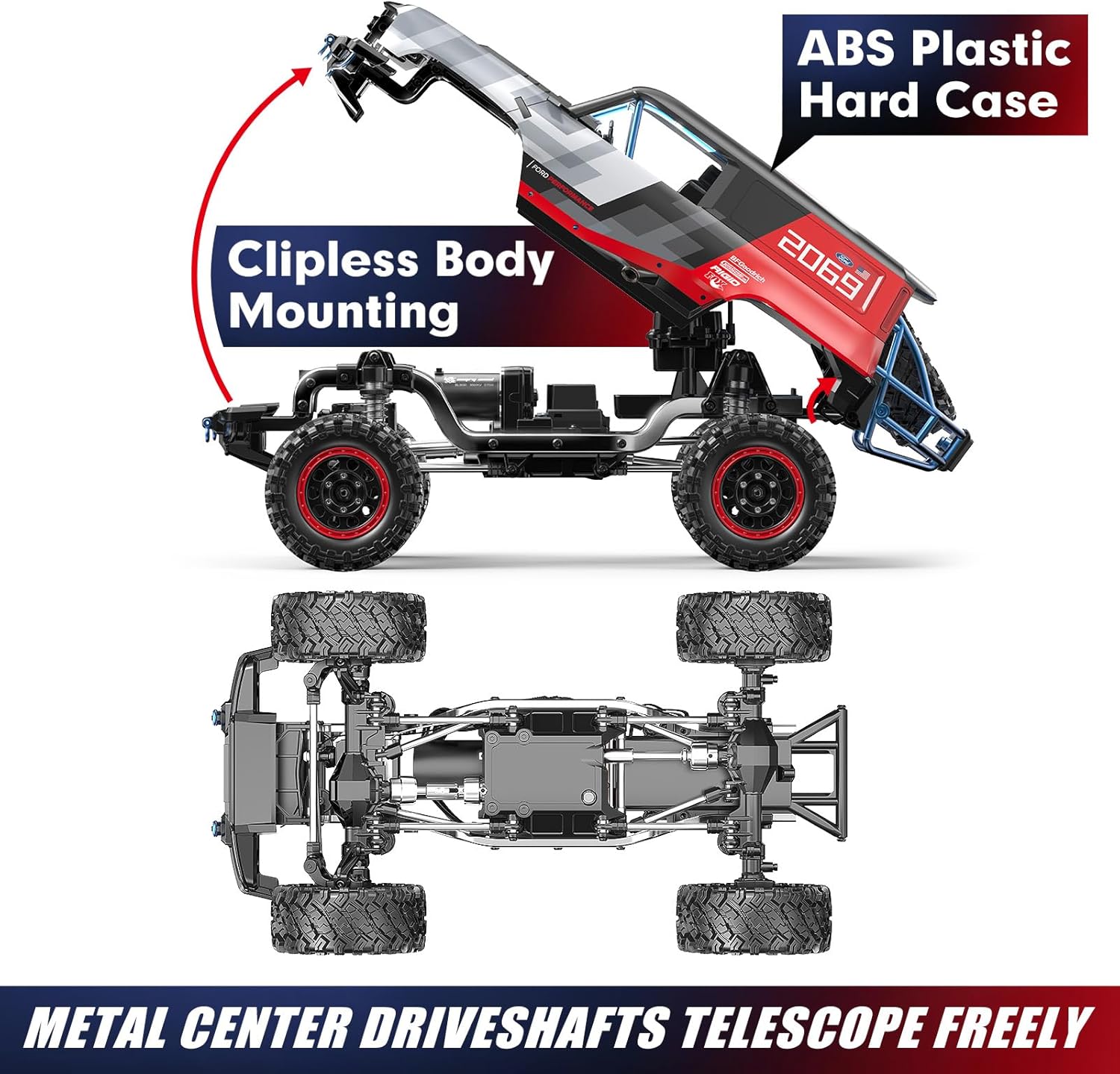 Ford Bronco R RC crawler chassis with features highlighted, clipless body mounting