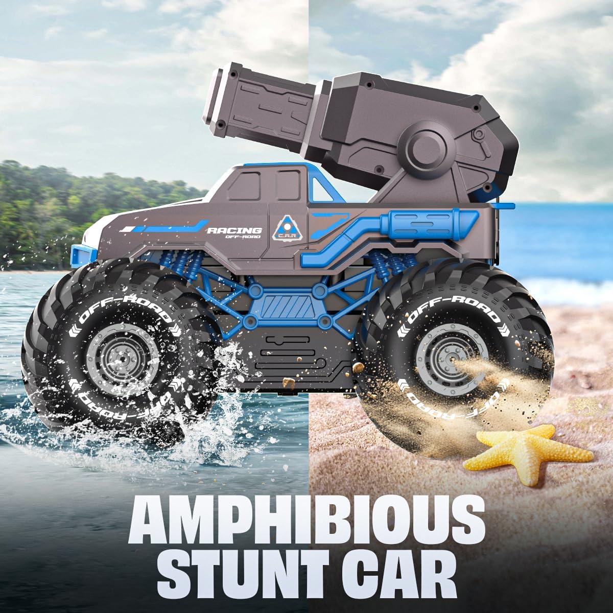 Amphibious children stunt car with water and sand effects on a split background