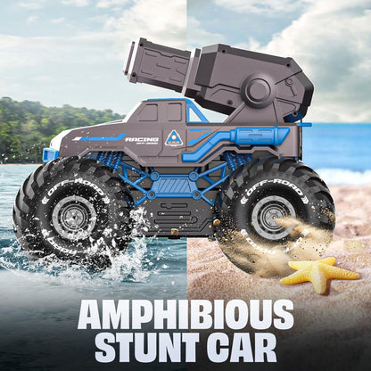 Amphibious children stunt car with water and sand effects on a split background