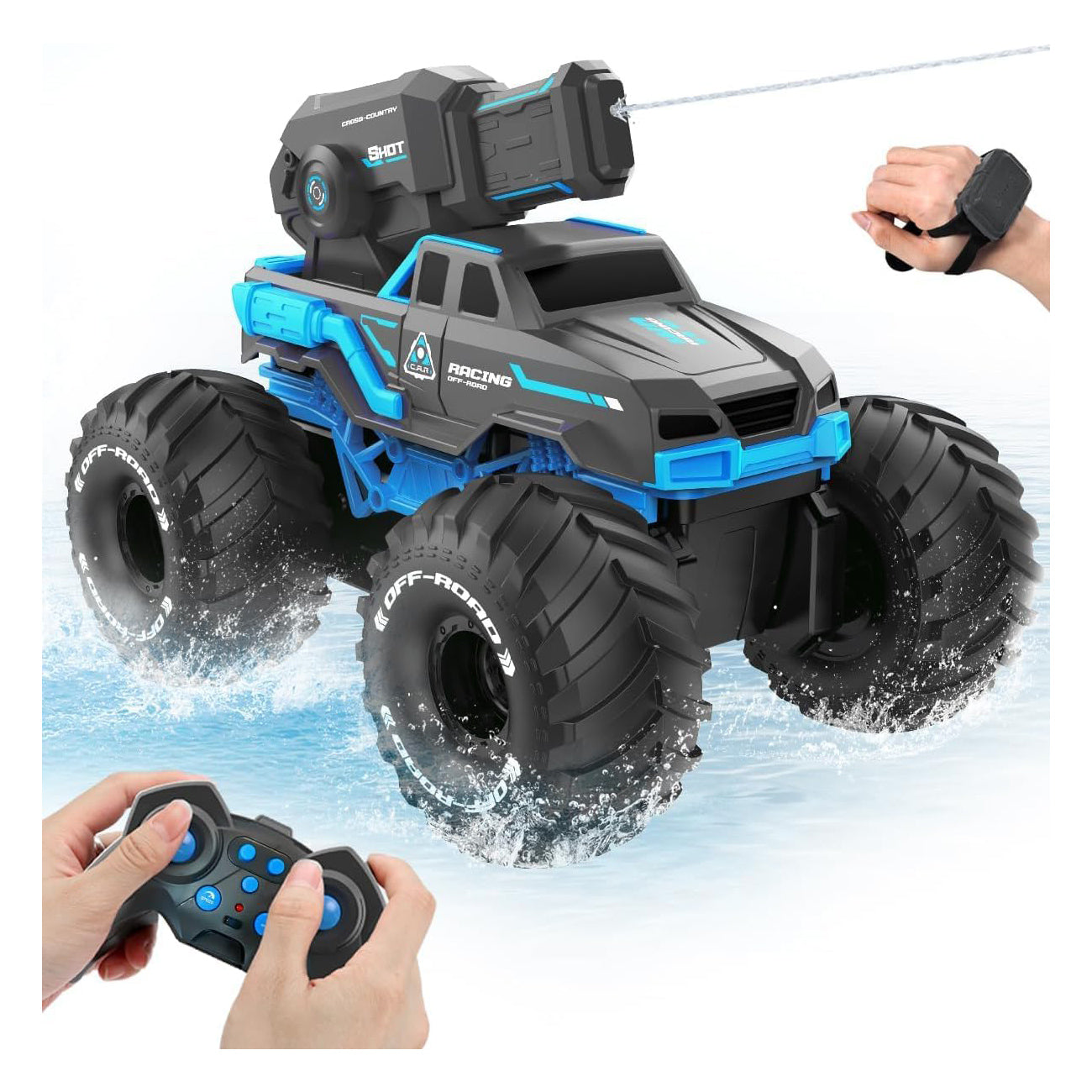 BEZGAR amphibious waterproof RC kid's monster truck with water blaster, large wheels, and remote controls in hands
