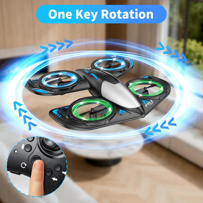 Elinoover kids drone, with glowing propellers and remote control, featuring 'One Key Rotation' text.