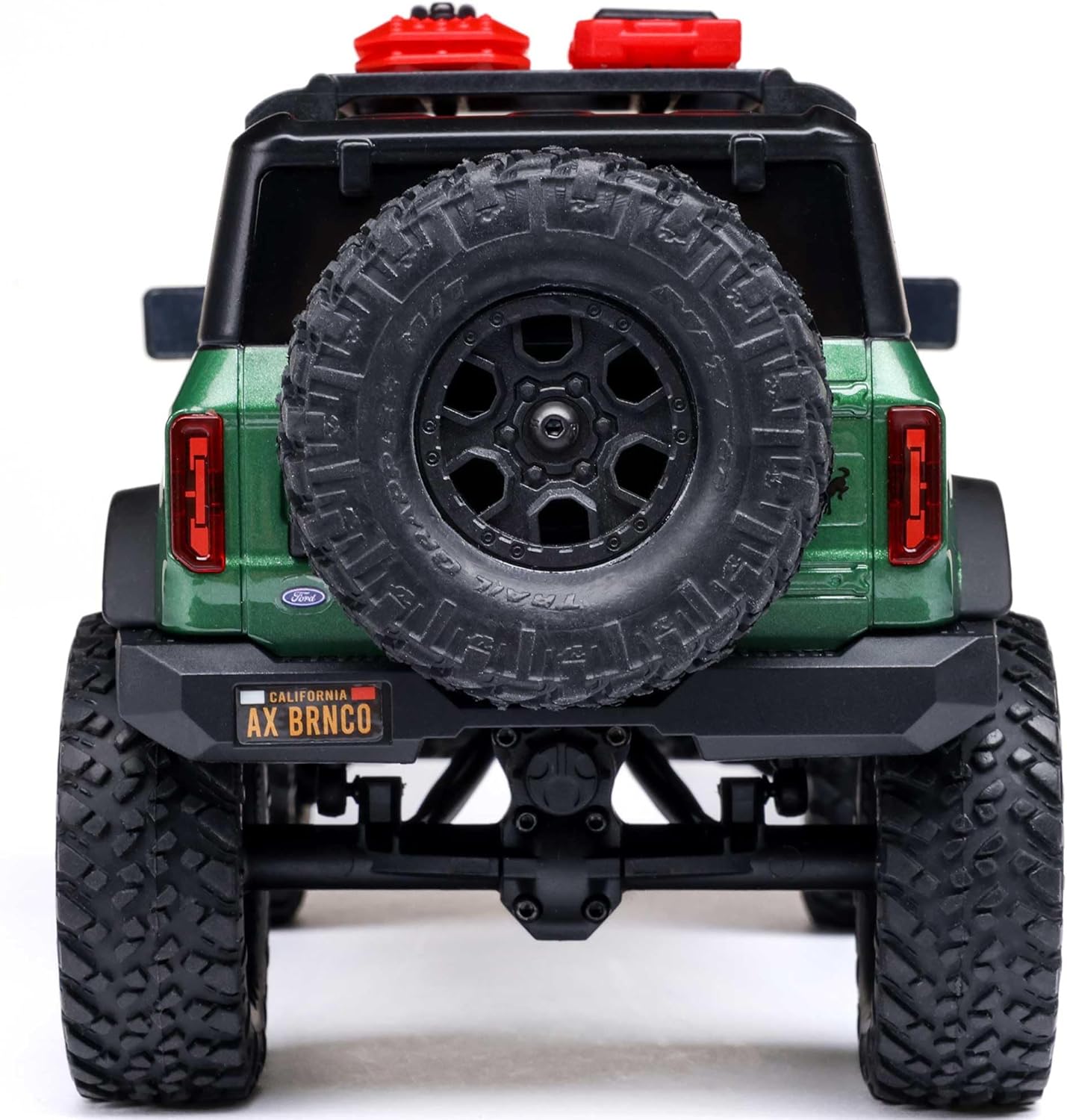 Rear view of Axial SCX24 Ford Bronco RC crawler showing suspension, big tires, and rear body details