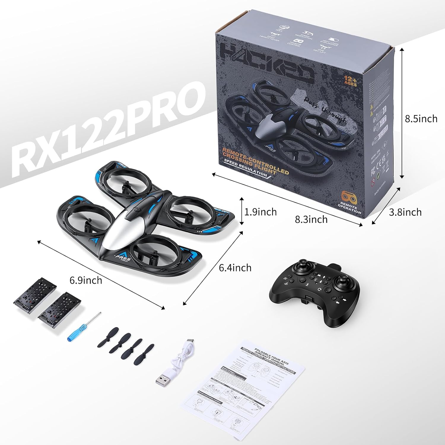 RC drone for children with 2.4GHz transmitter, packaging, accessories, and dimensions.