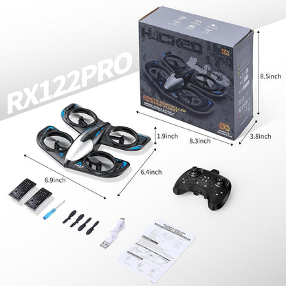 RC drone for children with 2.4GHz transmitter, packaging, accessories, and dimensions.