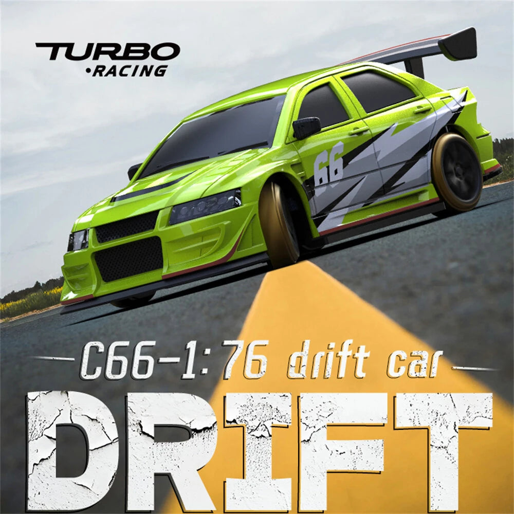 Turbo Racing C66 1/76 mini RC drift car in action - green body drifting on road