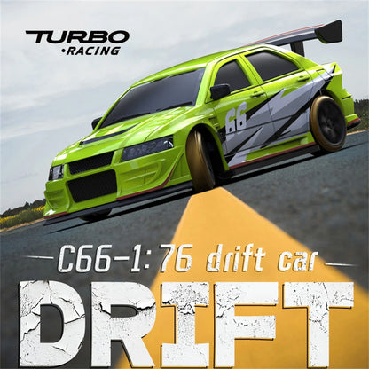 Turbo Racing C66 1/76 mini RC drift car in action - green body drifting on road