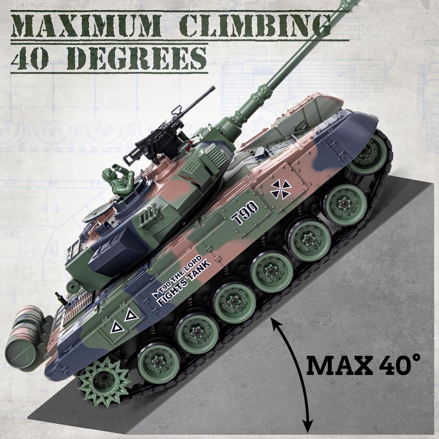 1/18 Scale T-90 4WD RC Battle Tank Ready-to-Run with BB Launcher, Smoke, Sound and Lights