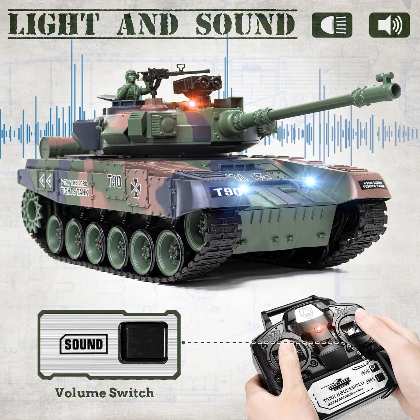 1/18 Scale T-90 4WD RC Battle Tank Ready-to-Run with BB Launcher, Smoke, Sound and Lights