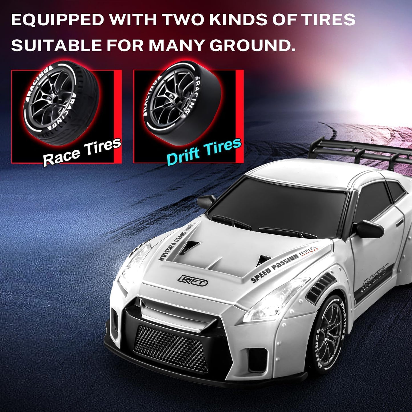White ACAMMZAR 1/24 4WD brushed RTR drift car with race and drift tires displayed on a dark background