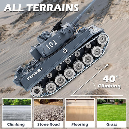 Supdex 1/18 Scale Tiger I RC Tank – Metal Tracks, Smoke & Sound, Shoots BBs and Water Bombs