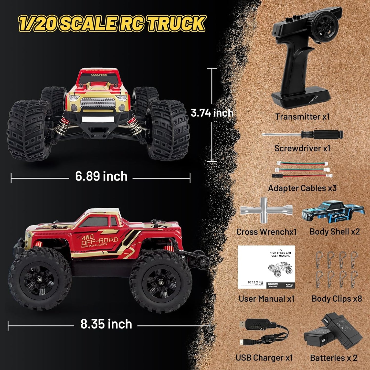CoolFree JT20W V2 1/20 4WD Brushless Waterproof High-Speed RC Monster Truck