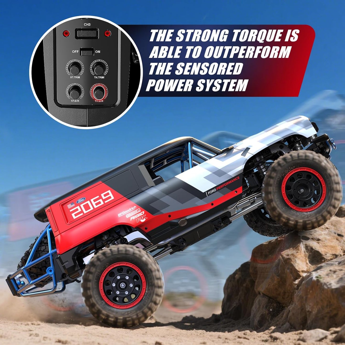 Remote control MJX Hyper Go H12P Ford Bronco monster truck on a rocky terrain with power system details.