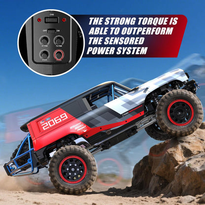 Remote control MJX Hyper Go H12P Ford Bronco monster truck on a rocky terrain with power system details.