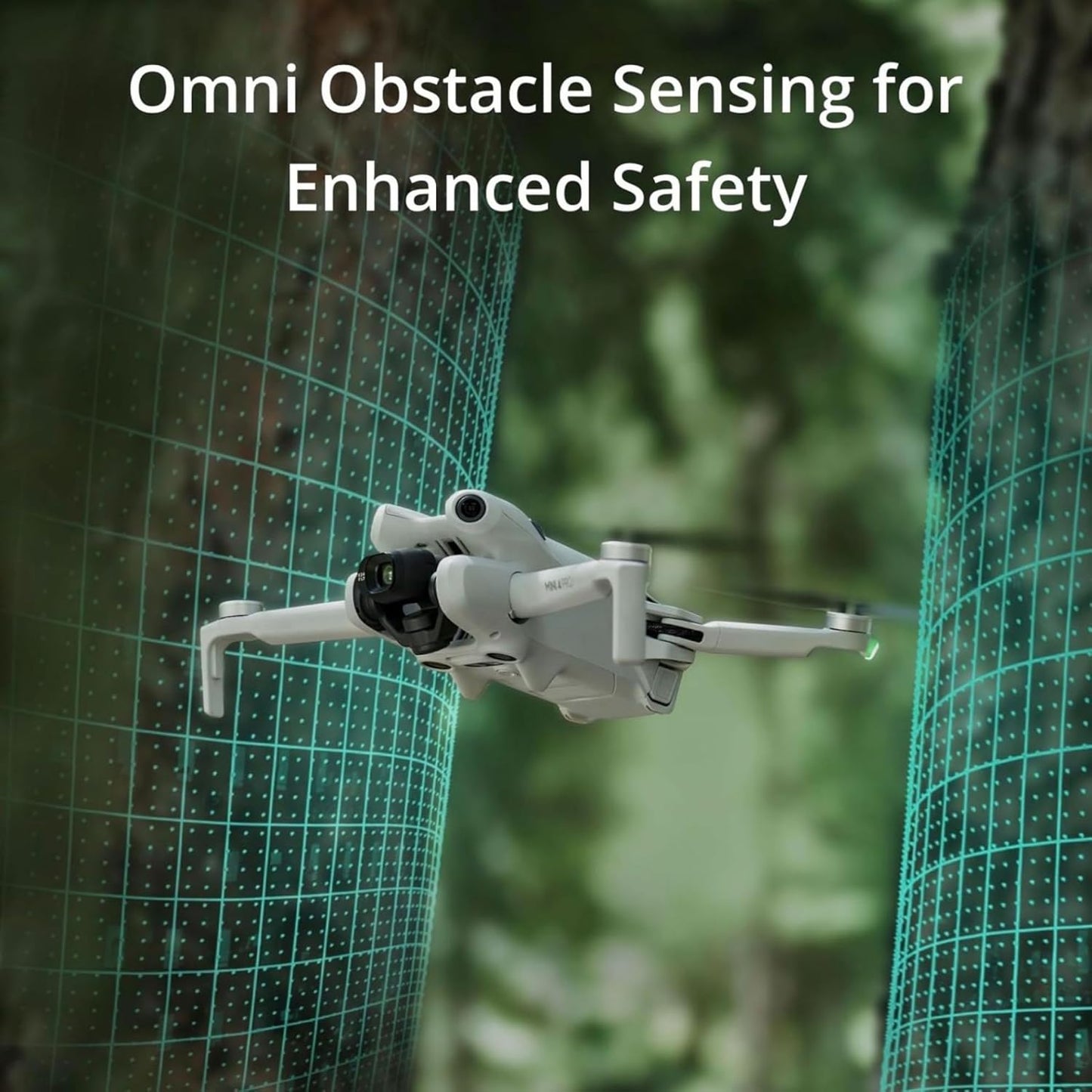 DJI Mini 4 Pro Fly More Combo drone with omni obstacle sensing technology in a forest setting