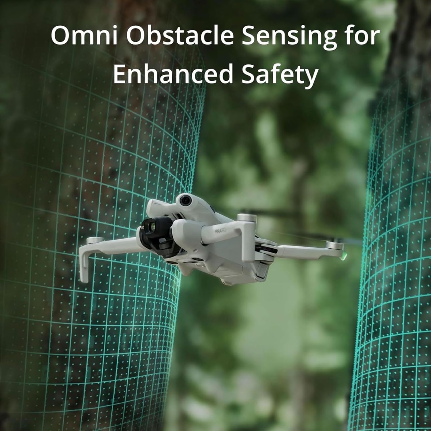 DJI Mini 4 Pro Fly More Combo drone with omni obstacle sensing technology in a forest setting