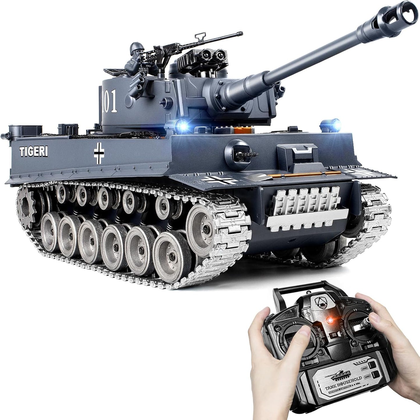 Supdex 1/18 Scale Tiger I RC Tank – Metal Tracks, Smoke & Sound, Shoots BBs and Water Bombs