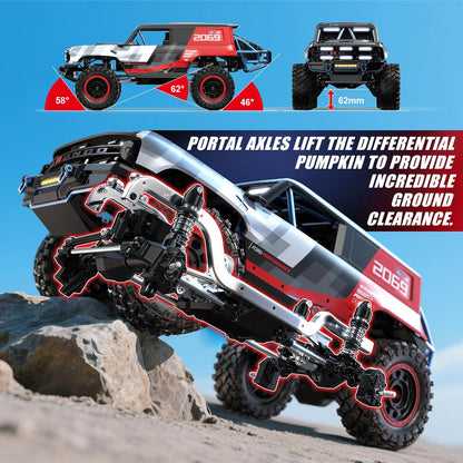 MJX H12P Ford Bronco R RC crawler truck with detailed mechanical components and ground clearance.