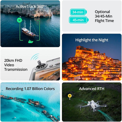DJI Mini 4 Pro drone features include ActiveTrack 360°, flight time, video transmission, color recording, and RTH on a scenic background.