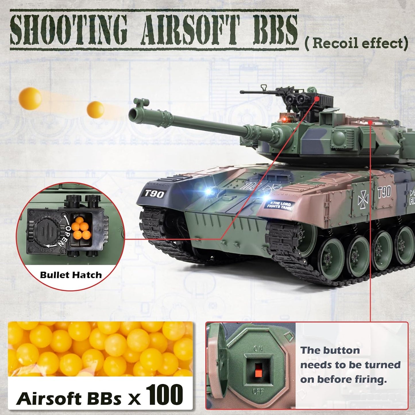 1/18 Scale T-90 4WD RC Battle Tank Ready-to-Run with BB Launcher, Smoke, Sound and Lights