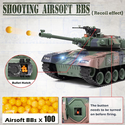 1/18 Scale T-90 4WD RC Battle Tank Ready-to-Run with BB Launcher, Smoke, Sound and Lights