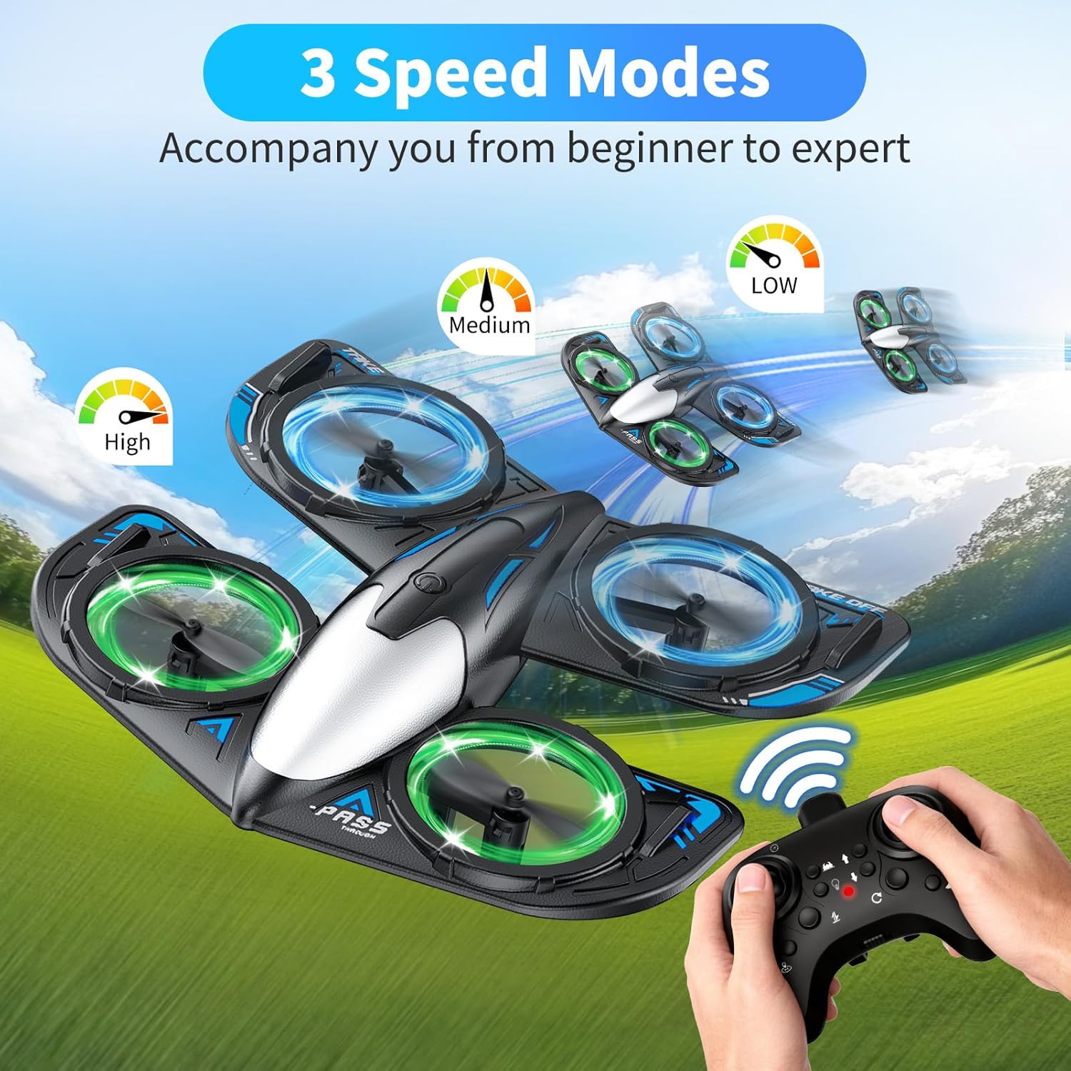 Remote-controlled kids' drone with controller and speed mode indicators