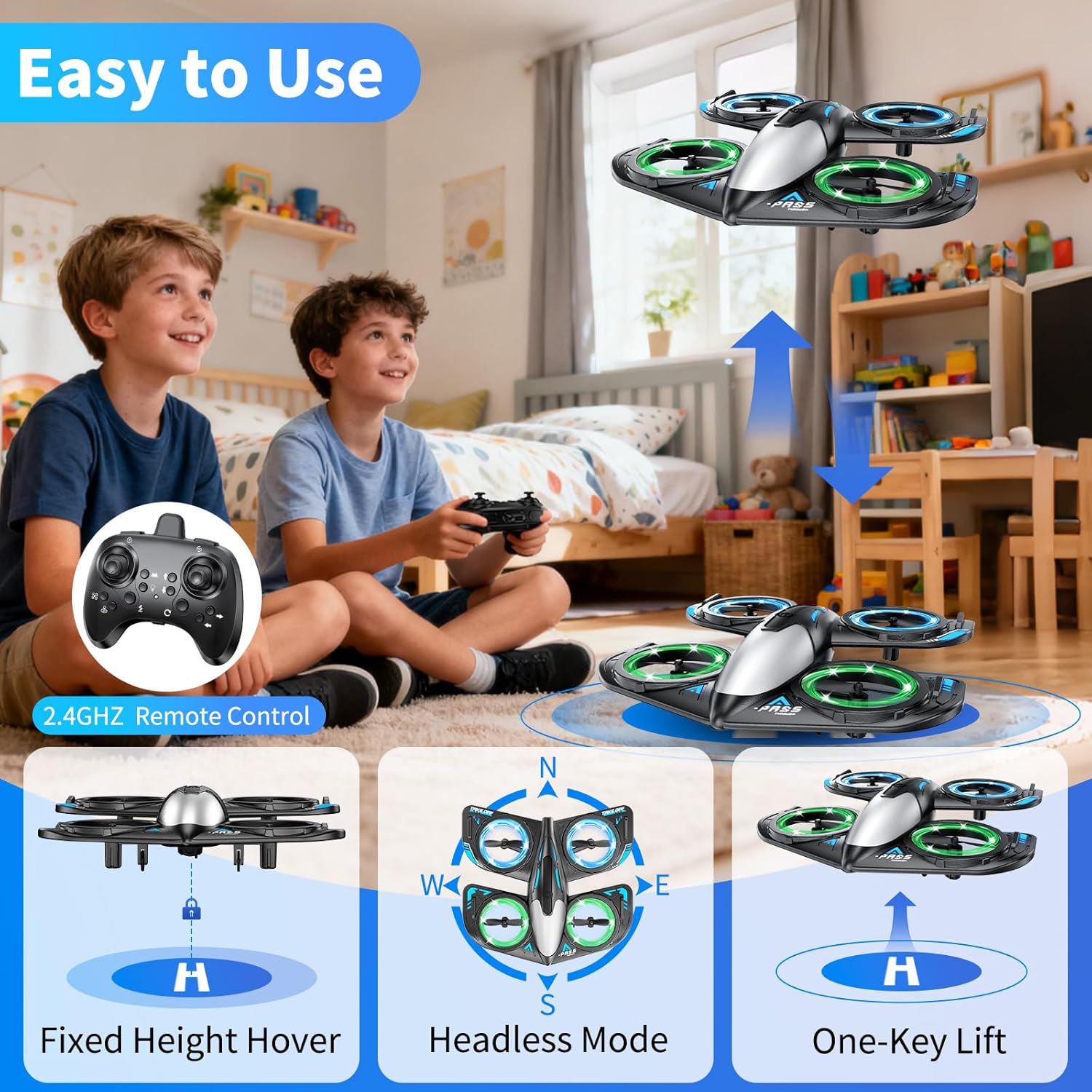 Two children are playing with an RC drone with a 2.4GHz transmitter in a bedroom, with features highlighted on the screen.