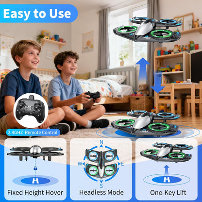 Two children are playing with an RC drone with a 2.4GHz transmitter in a bedroom, with features highlighted on the screen.