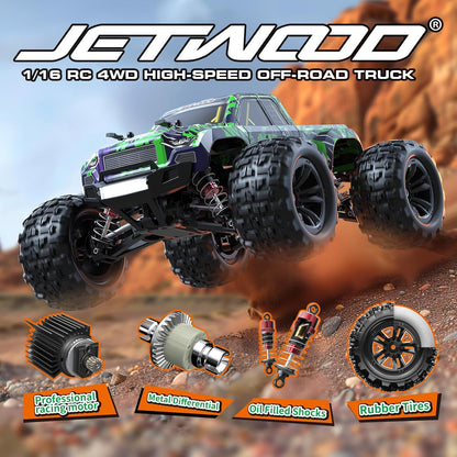 Jetwood JC16W 1/16 Scale 4WD Brushed RC Monster Truck Ready-to-Run with Dual Batteries