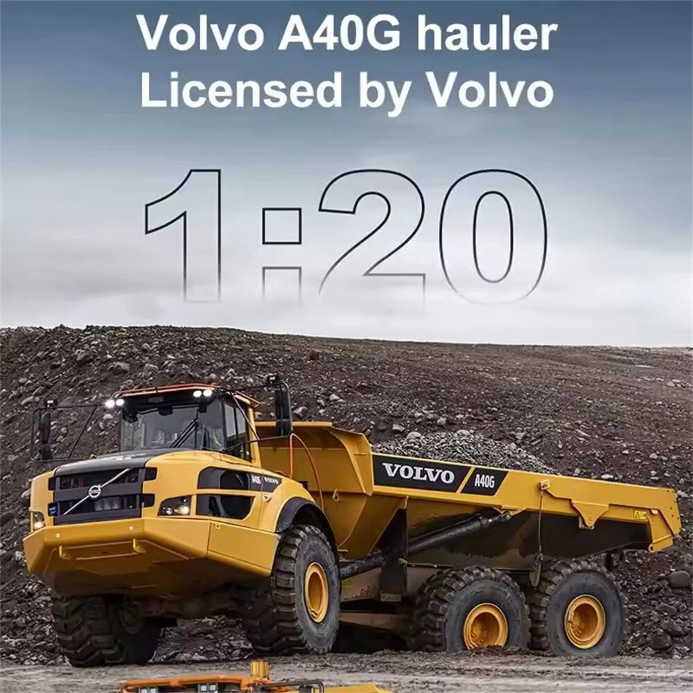 Double Eagle E591 1/20 Volvo A40G RC truck - rear 3/4 view in yellow body hauling the gravel.