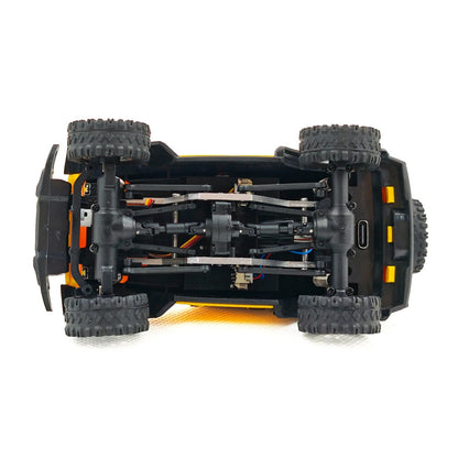 JIABAILE 3601/3602 1/36 scale 4WD RTR RC rock crawler – bottom view of toy car with visible mechanical components and charging port, portal axles, drivetrain, and compact chassis