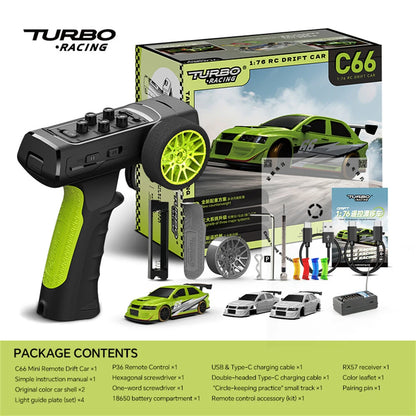 Turbo Racing C66 1/76 RC mini drift car set with remote controlлер and packaging
