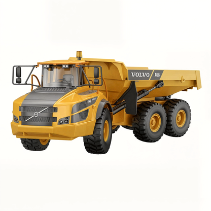 Double Eagle E591 1/20 6WD RTR RC Volvo A40G articulated dump truck – front three-quarter view in yellow body