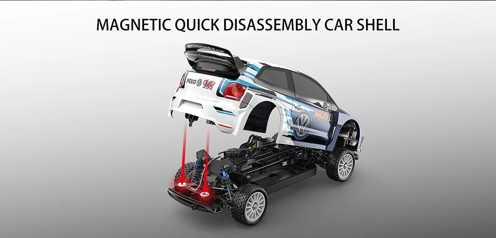 Top-down shot of the MJX Hyper Go Volkswagen Polo RC car chassis and shell, with a magnetic quick-disassembly car shell