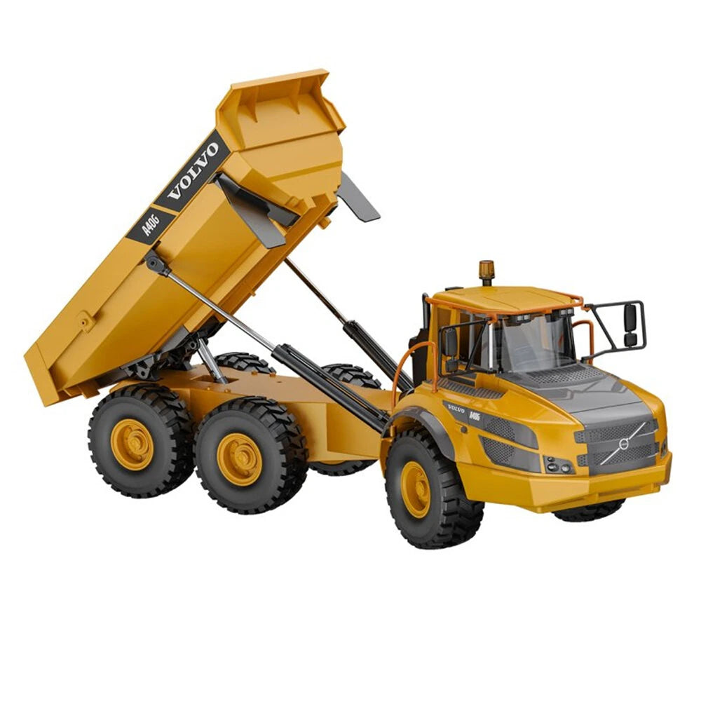 Double Eagle E591 1/20 6WD RTR RC articulated dump truck in action - yellow Volvo body with dump bed tipped
